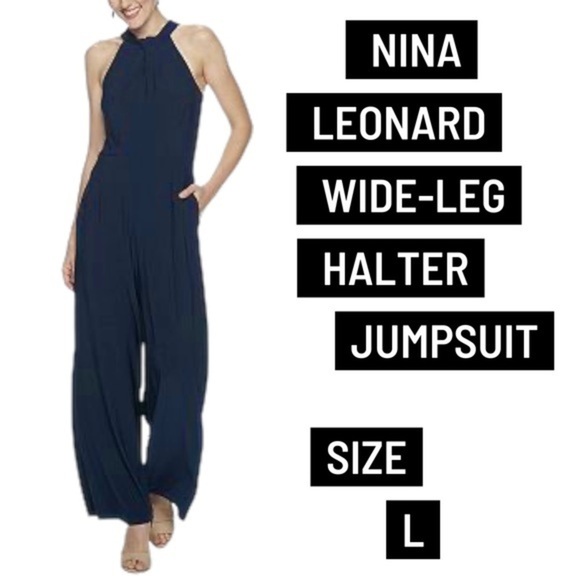 Nina Leonard Pants - Nina Leonard navy blue Wide-Leg Halter Jumpsuit size L